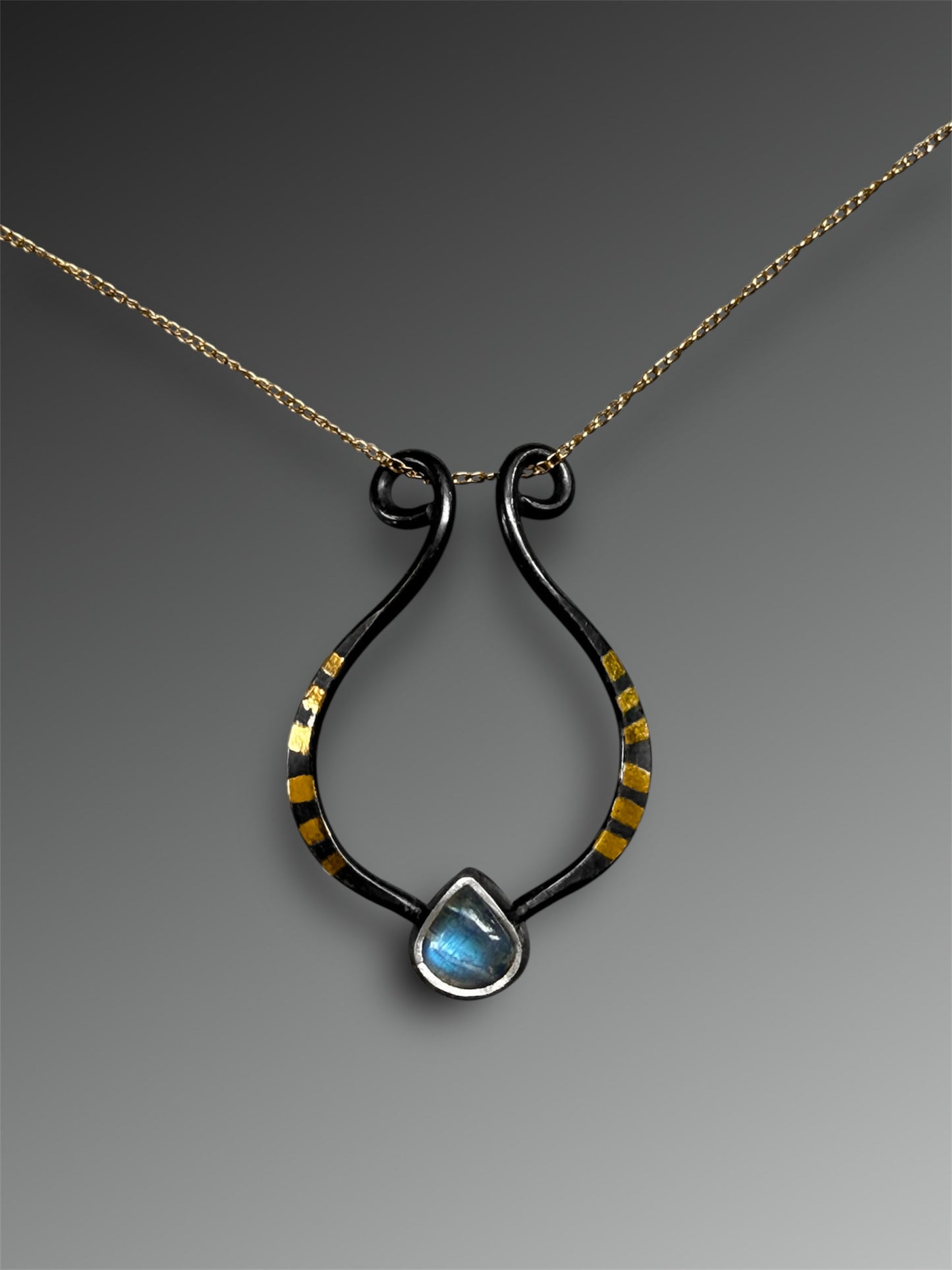 Lyre Ring Holder Necklace with Moonstone and 24k Gold Keum-Boo