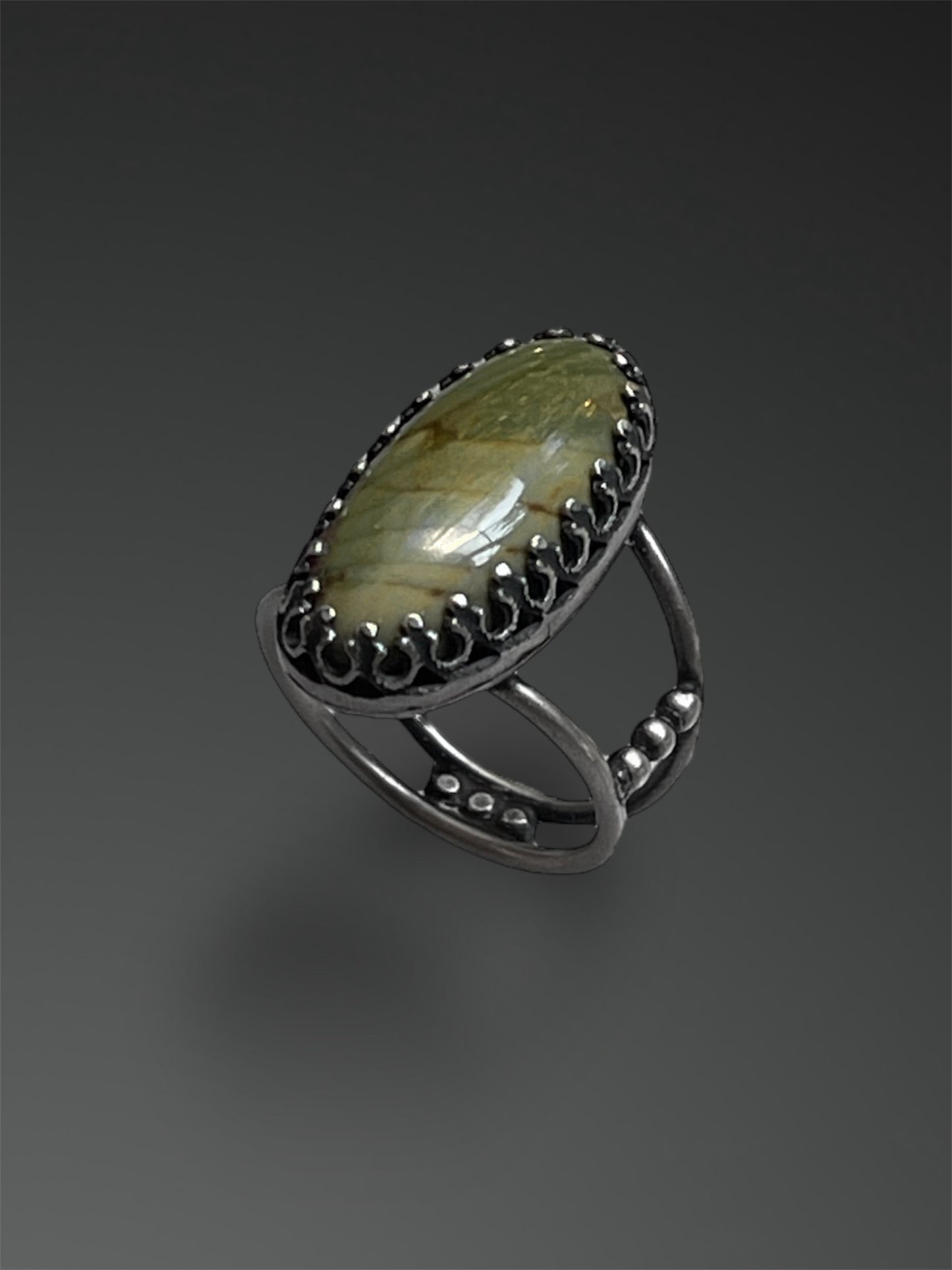 Gary Green Jasper Ring with Split Band, Size 5 3/4, Artisanal Silver Jewelry, Slow-Made Goods, Art Jewelry, Hand Fabricated Handmade Metalwork