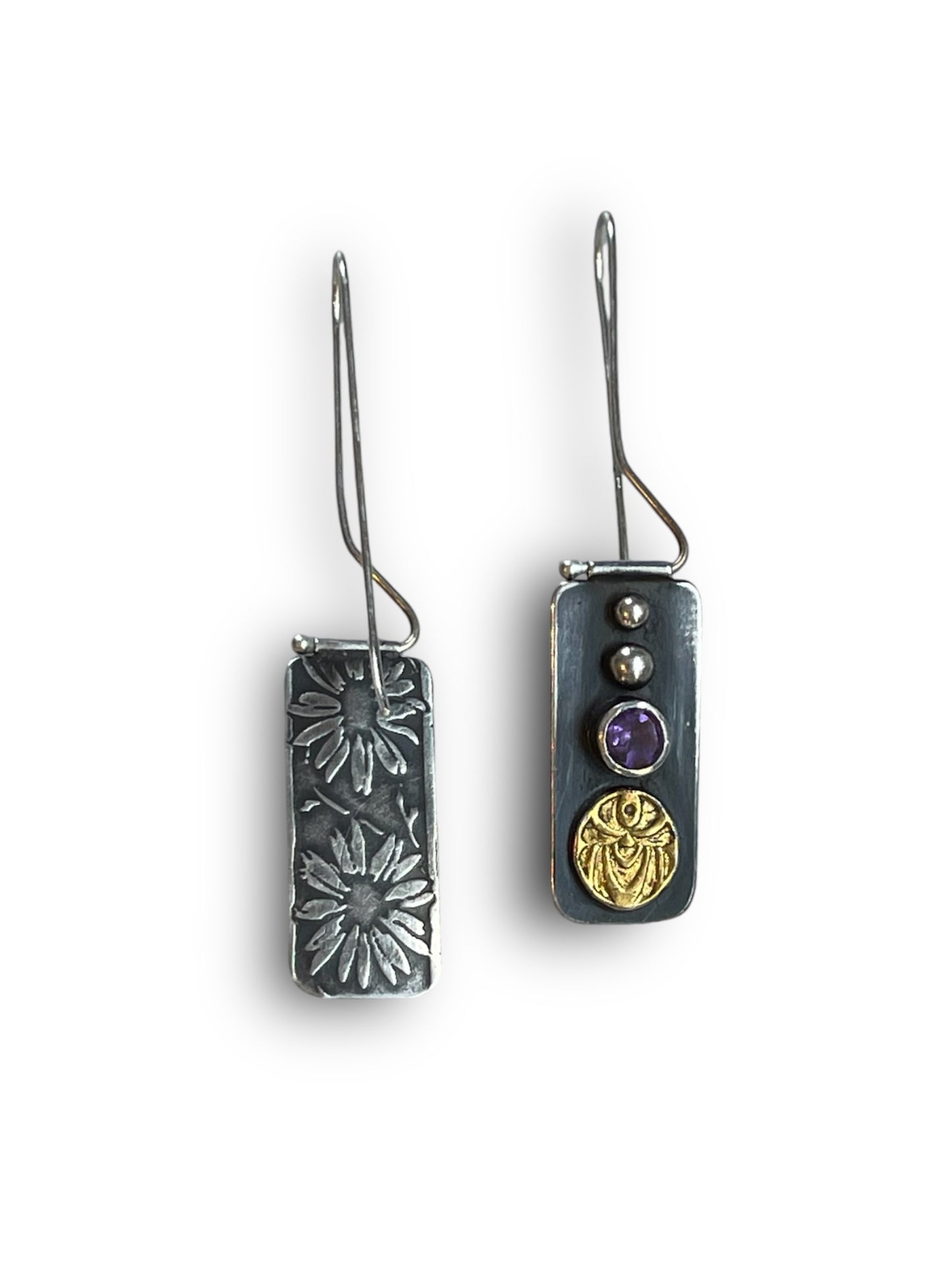 Scarab and Sunflower Earrings with Amethyst and Keum-Boo