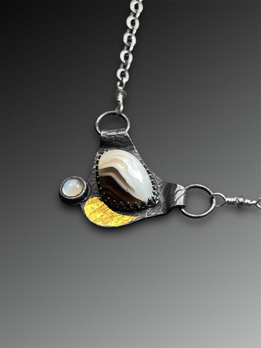 Botswana Agate and Moonstone Necklace with Keum-Boo, Artisanal Silver Jewelry, Slow-Made Goods, Art Jewelry, Hand Fabricated Handmade Metalwork