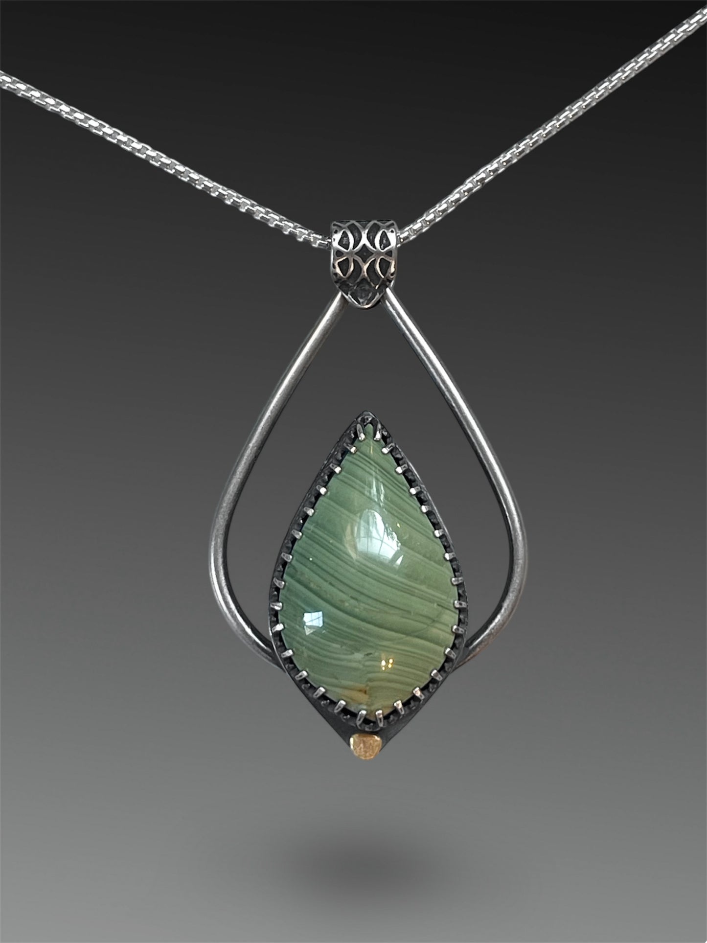 Gary Green Jasper (Larsonite) Lotus Petal Necklace, Artisanal Silver Jewelry, Slow-Made Goods, Art Jewelry, Hand Fabricated Handmade Metalwork