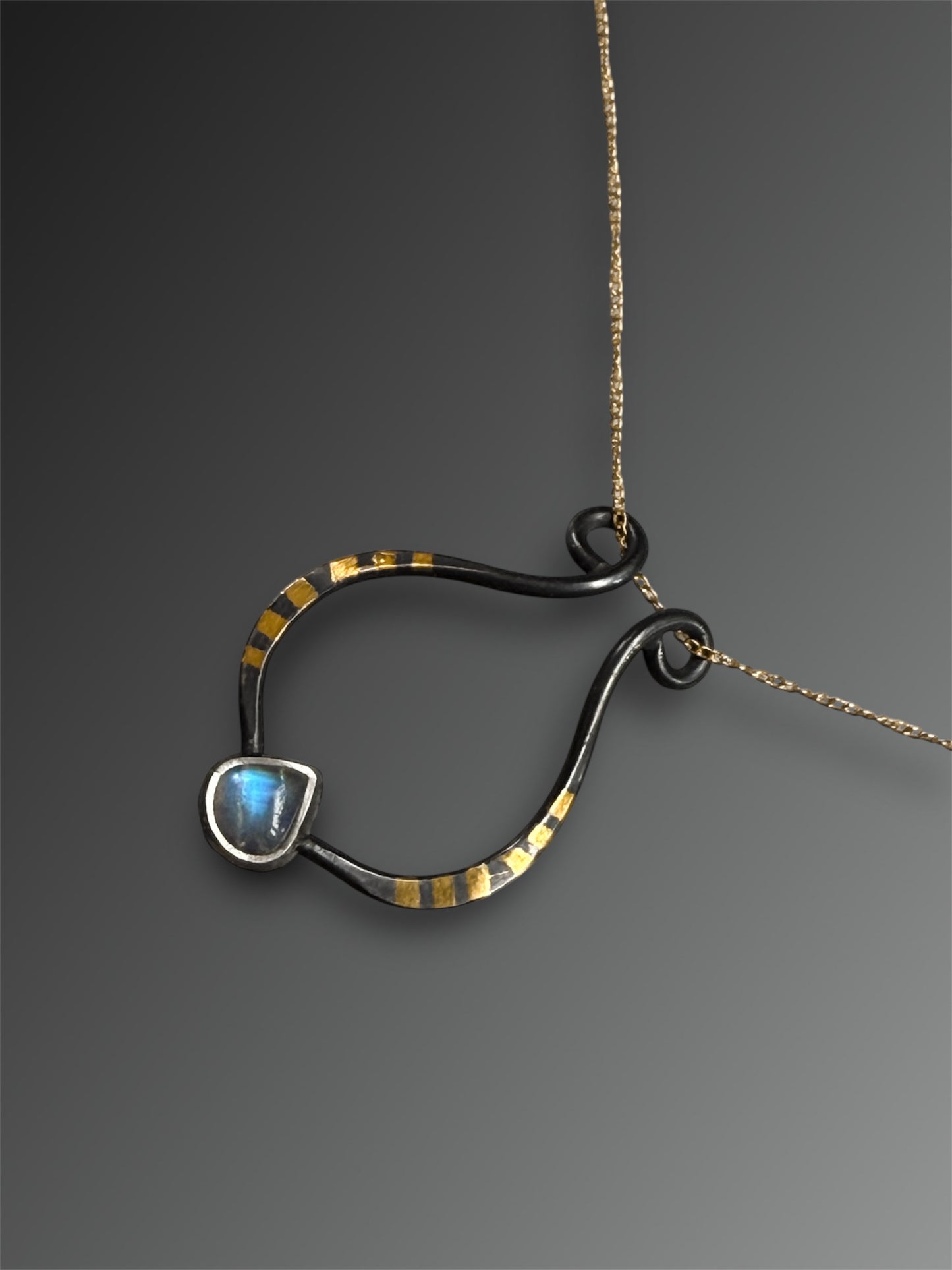 Lyre Ring Holder Necklace with Moonstone and 24k Gold Keum-Boo