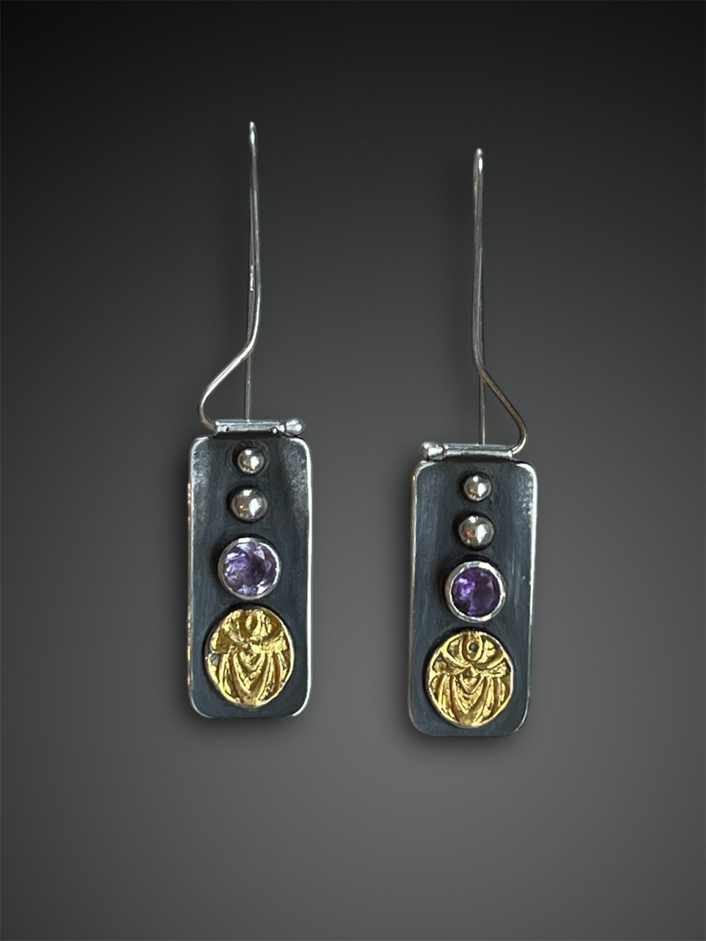 Scarab and Sunflower Earrings with Amethyst and Keum-Boo