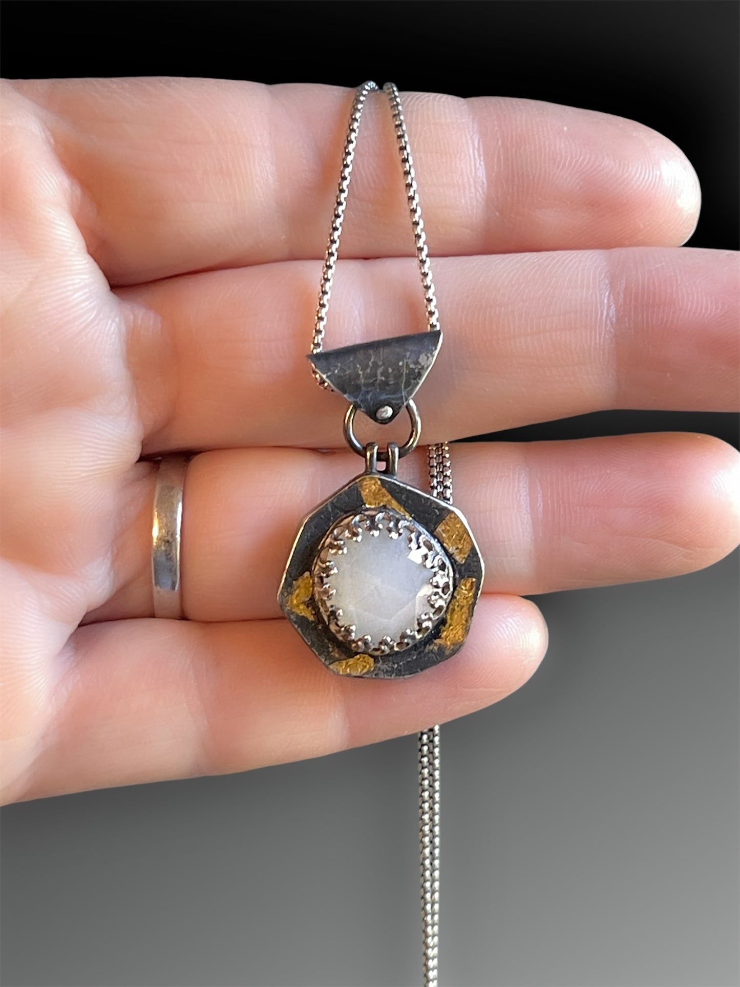 White Moonstone Hollow Form Pendant with Keum-Boo