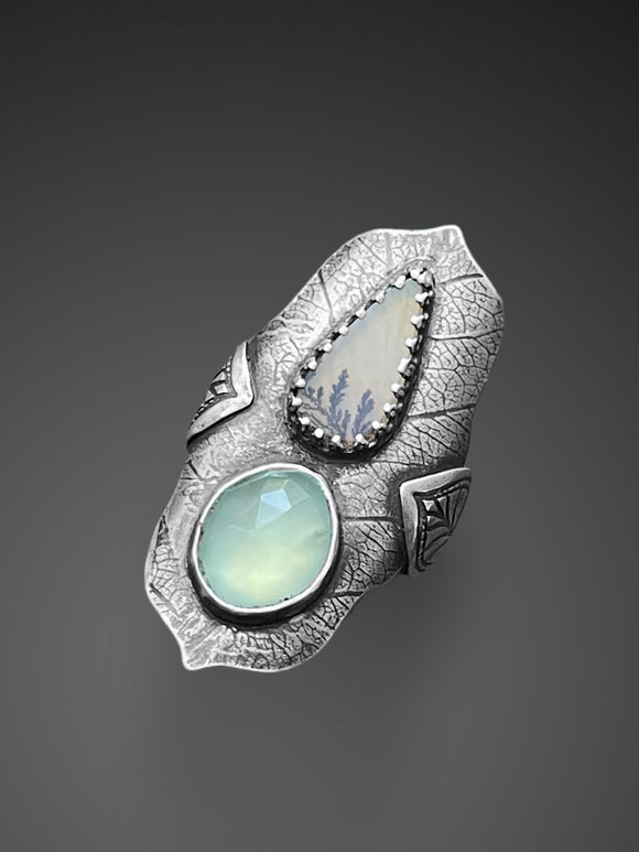 Dendritic Agate and Prehnite Saddle Ring, size 5.75