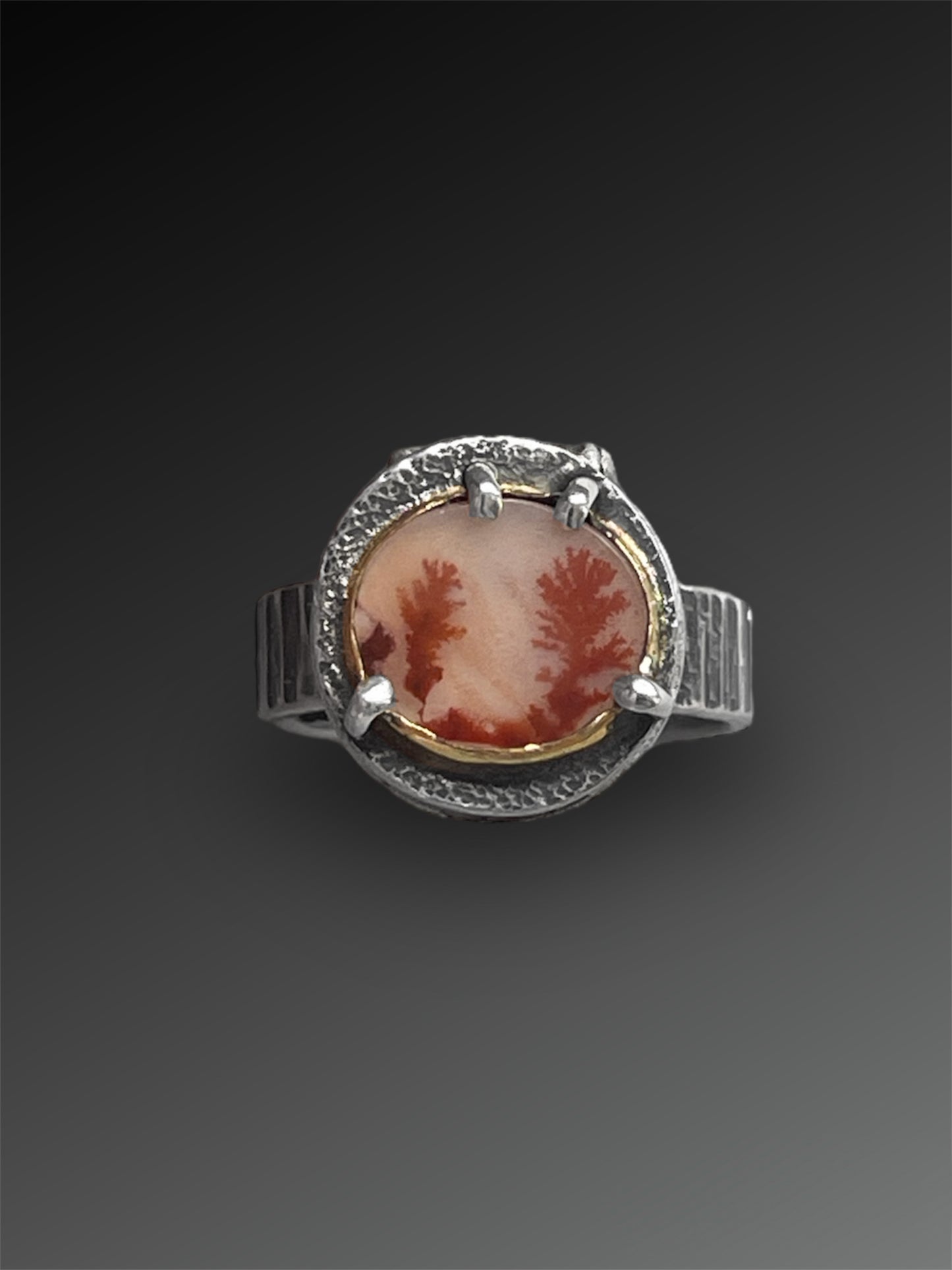 Adjustable Locket Ring with Orange Dendritic Agate and 18k Gold Bezel, Artisanal Silver Jewelry, Slow-Made Goods, Art Jewelry, Hand Fabricated Handmade Metalwork