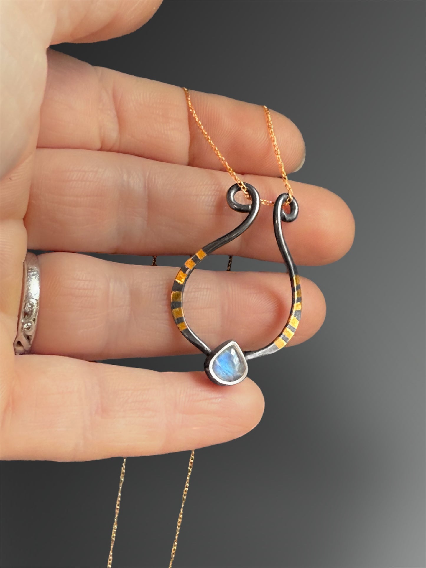 Lyre Ring Holder Necklace with Moonstone and 24k Gold Keum-Boo