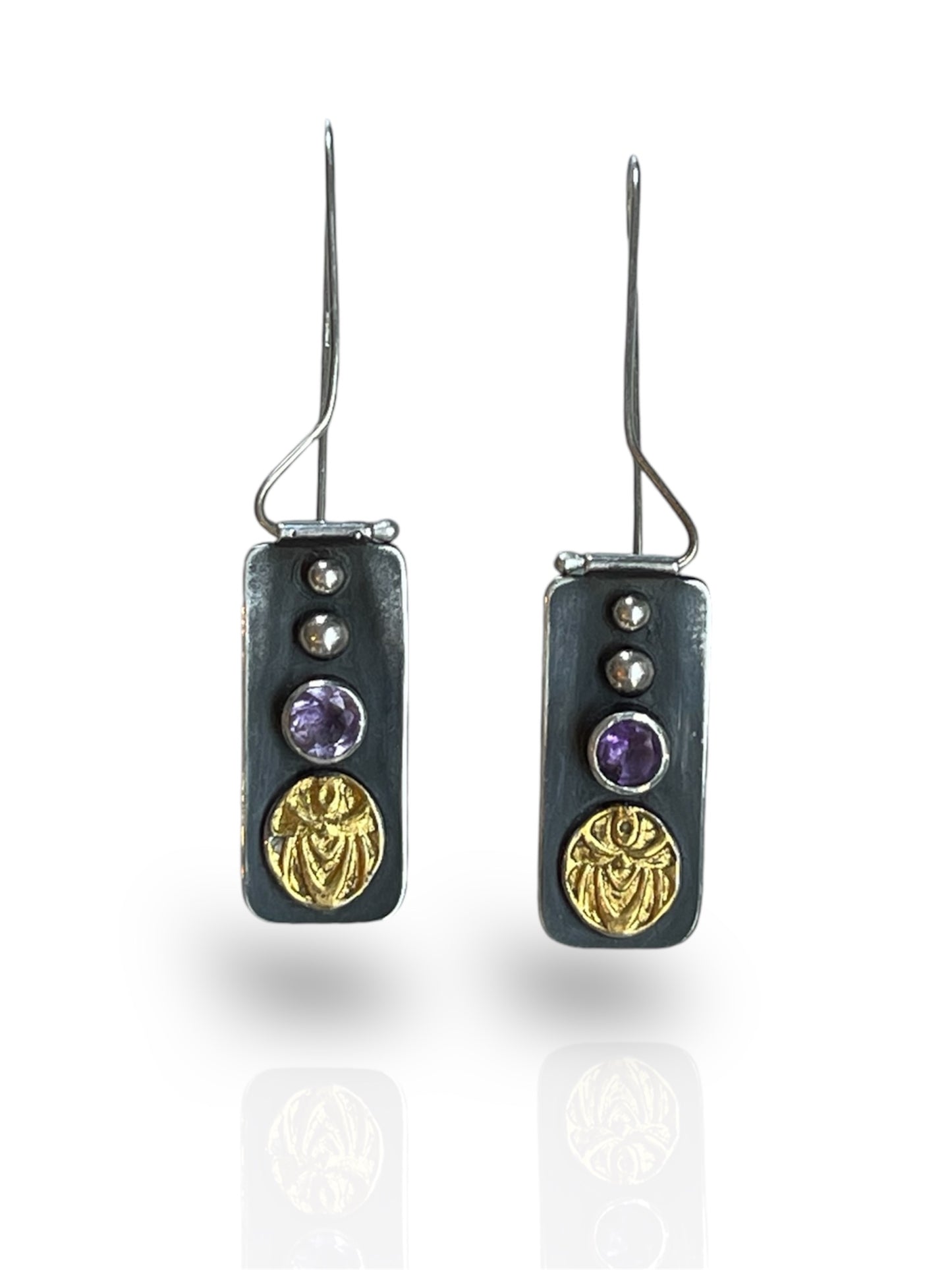 Scarab and Sunflower Earrings with Amethyst and Keum-Boo