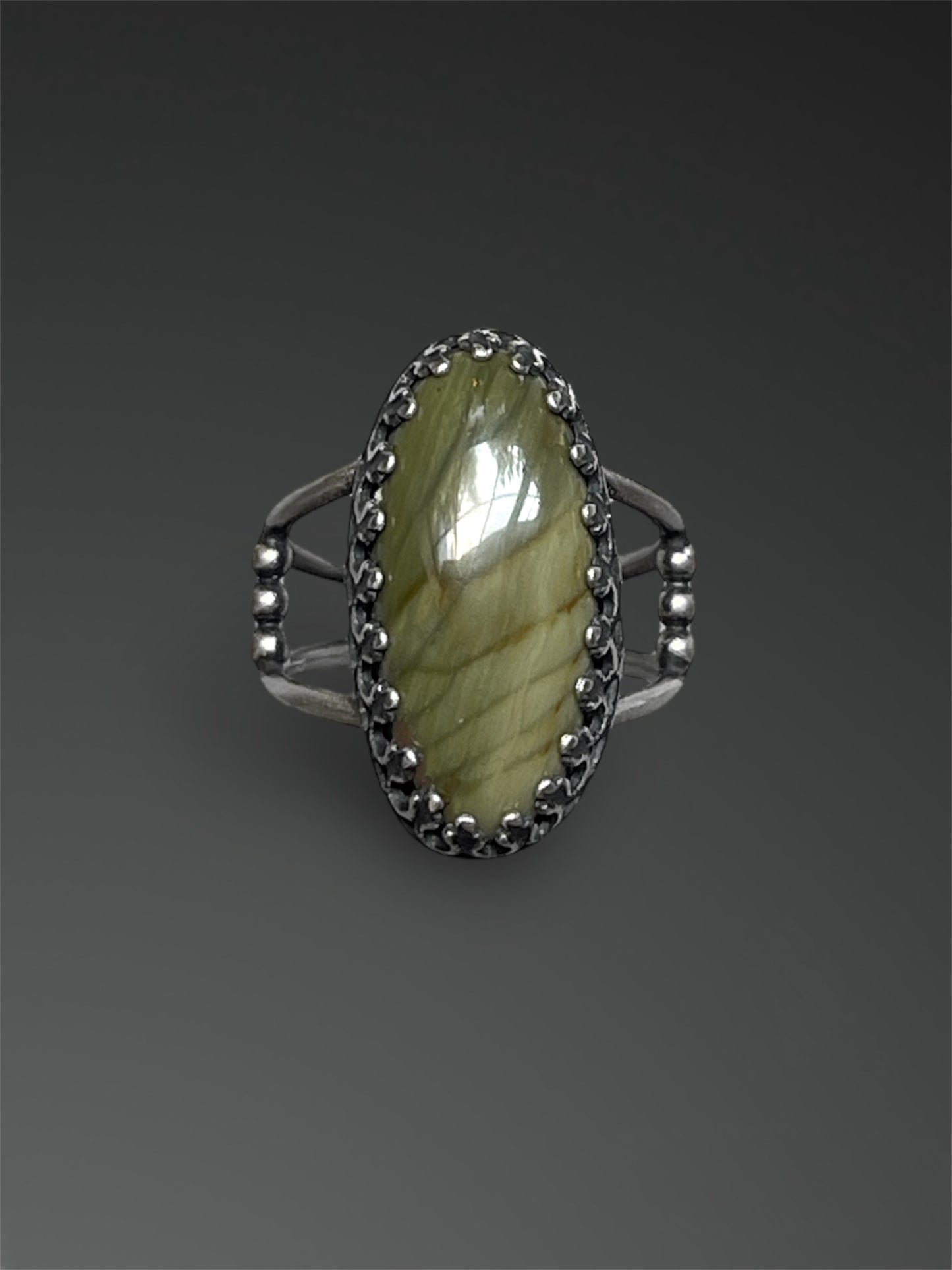 Gary Green Jasper Ring with Split Band, Size 5 3/4, Artisanal Silver Jewelry, Slow-Made Goods, Art Jewelry, Hand Fabricated Handmade Metalwork