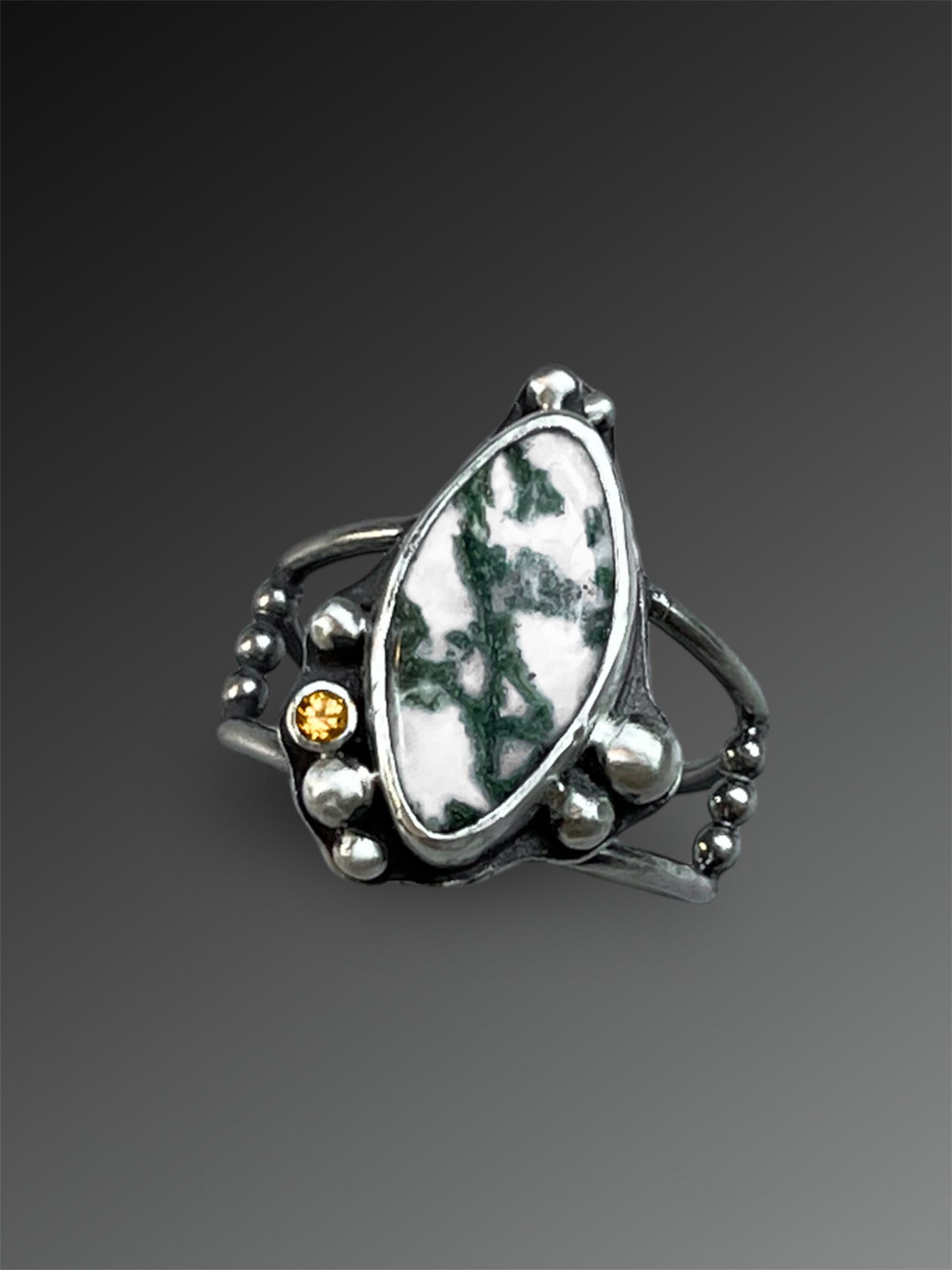 Artist-cut White Moss Agate Ring with Yellow Garnet, size 8, Artisanal Silver Jewelry, Slow-Made Goods, Art Jewelry, Hand Fabricated Handmade Metalwork