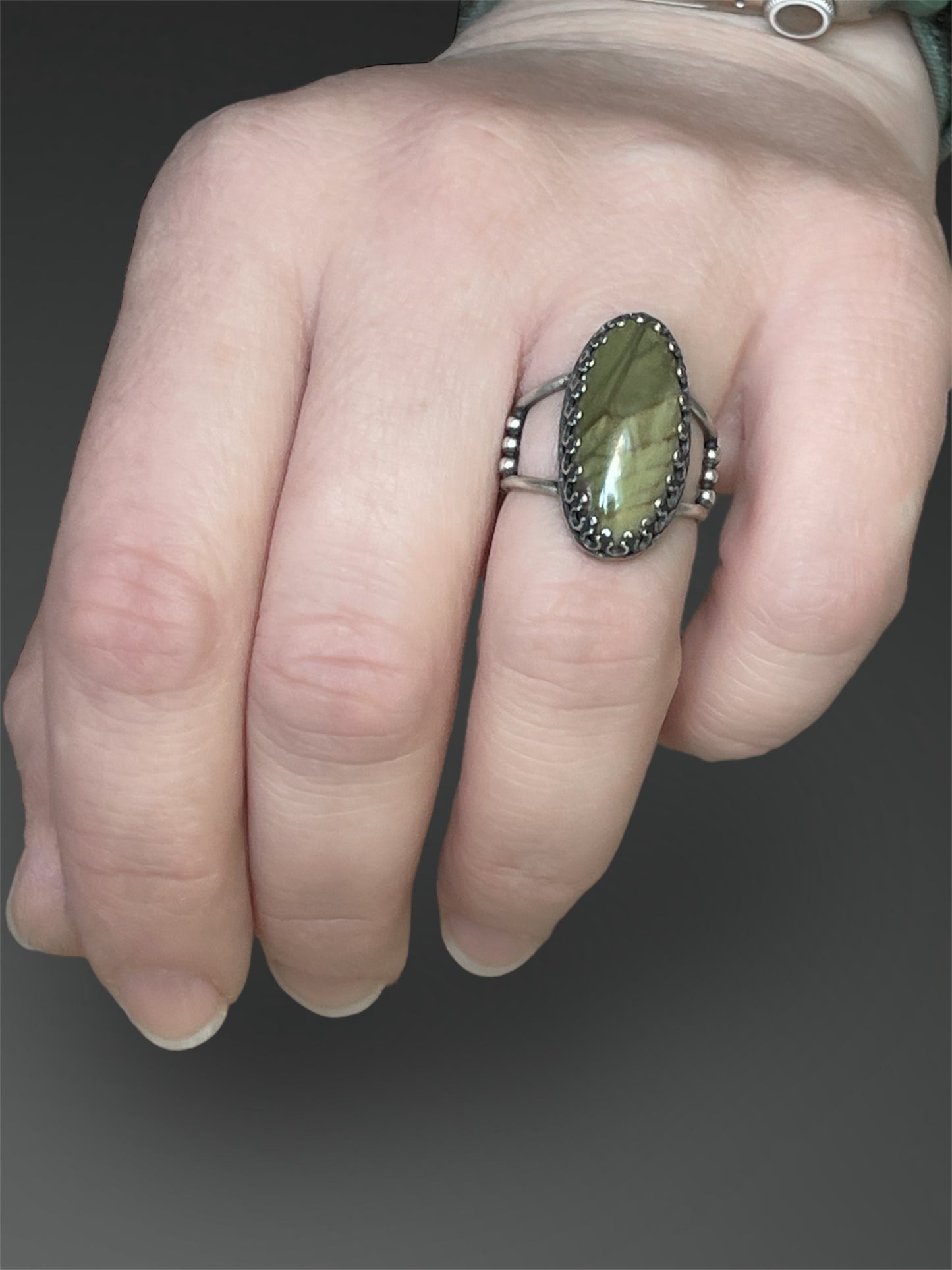 Gary Green Jasper Ring with Split Band, Size 5 3/4, Artisanal Silver Jewelry, Slow-Made Goods, Art Jewelry, Hand Fabricated Handmade Metalwork