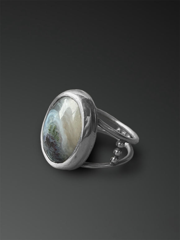 Landscape Moss Agate Ring with Split Band, Size 6