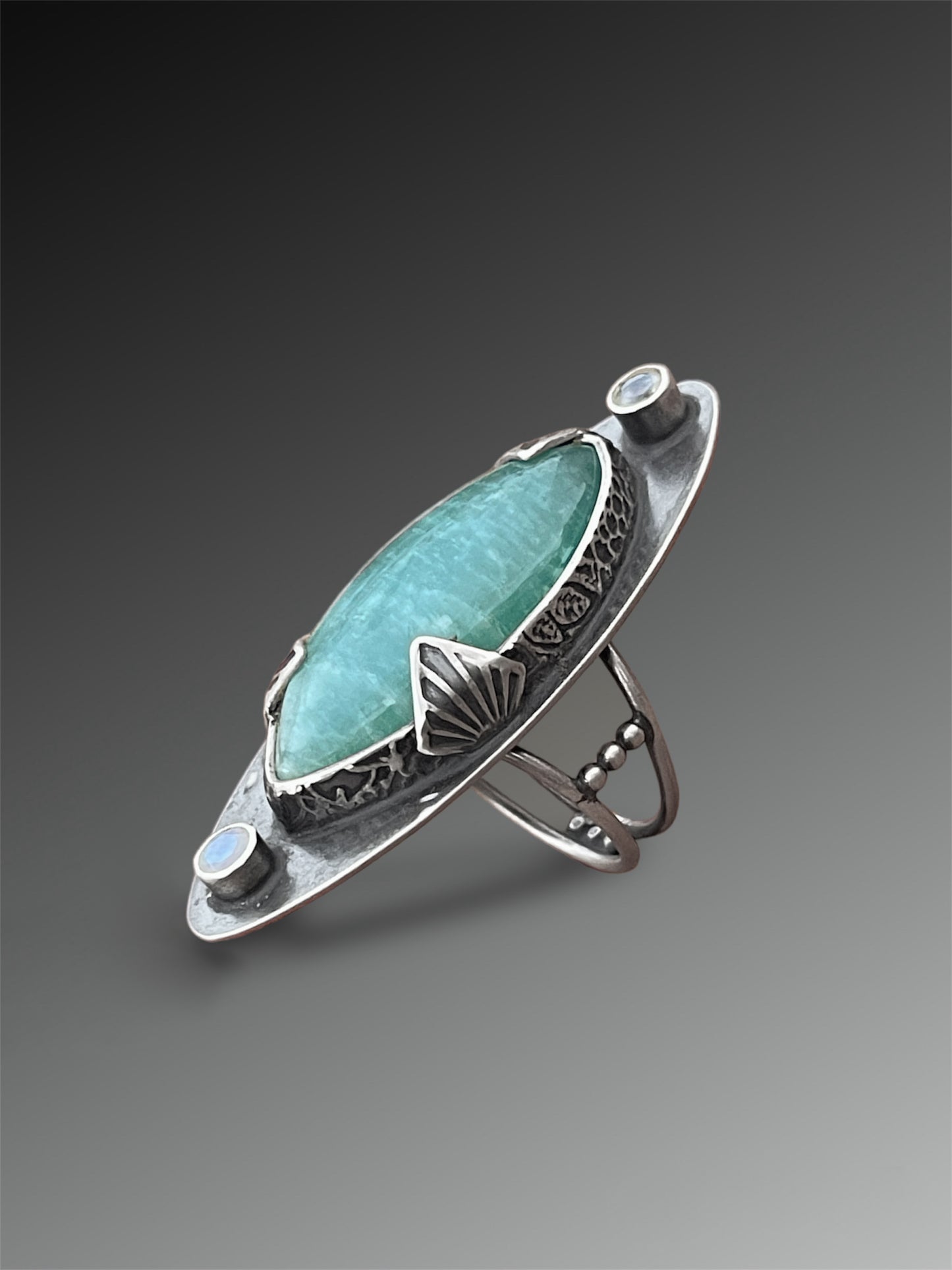 Amazonite and Moonstone Cocktail Ring with Stamped Prongs, size 8.5, Artisanal Silver Jewelry, Slow-Made Goods, Art Jewelry, Hand Fabricated Handmade Metalwork