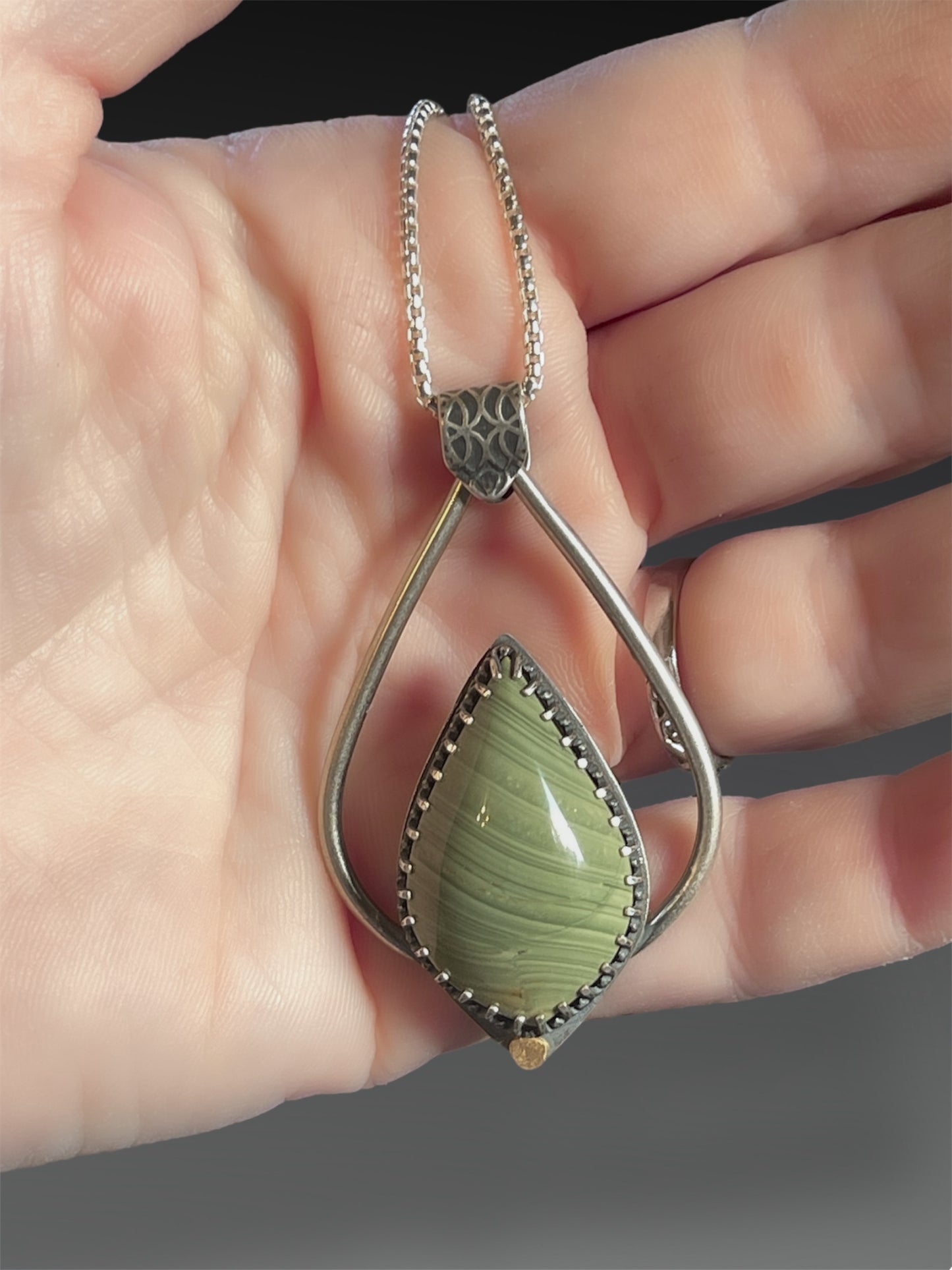 Gary Green Jasper (Larsonite) Lotus Petal Necklace, Artisanal Silver Jewelry, Slow-Made Goods, Art Jewelry, Hand Fabricated Handmade Metalwork