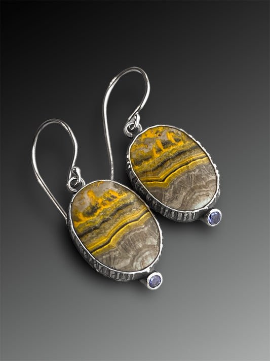 Bumblebee Jasper Earrings with Iolite, Artisanal Silver Jewelry, Slow-Made Goods, Art Jewelry, Hand Fabricated Handmade Metalwork