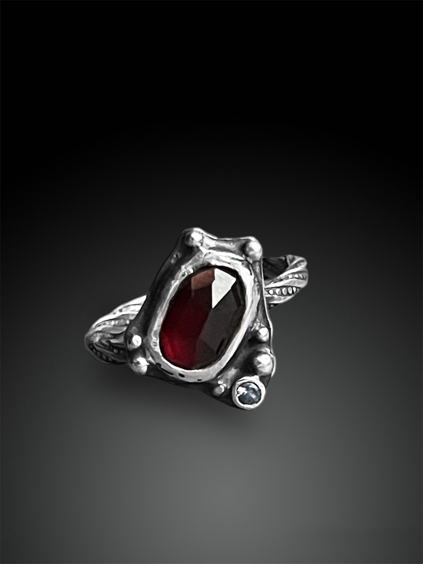 Garnet Ring with Sapphire on Twisted Band, size 6.25, Artisanal Silver Jewelry, Slow-Made Goods, Art Jewelry, Hand Fabricated Handmade Metalwork