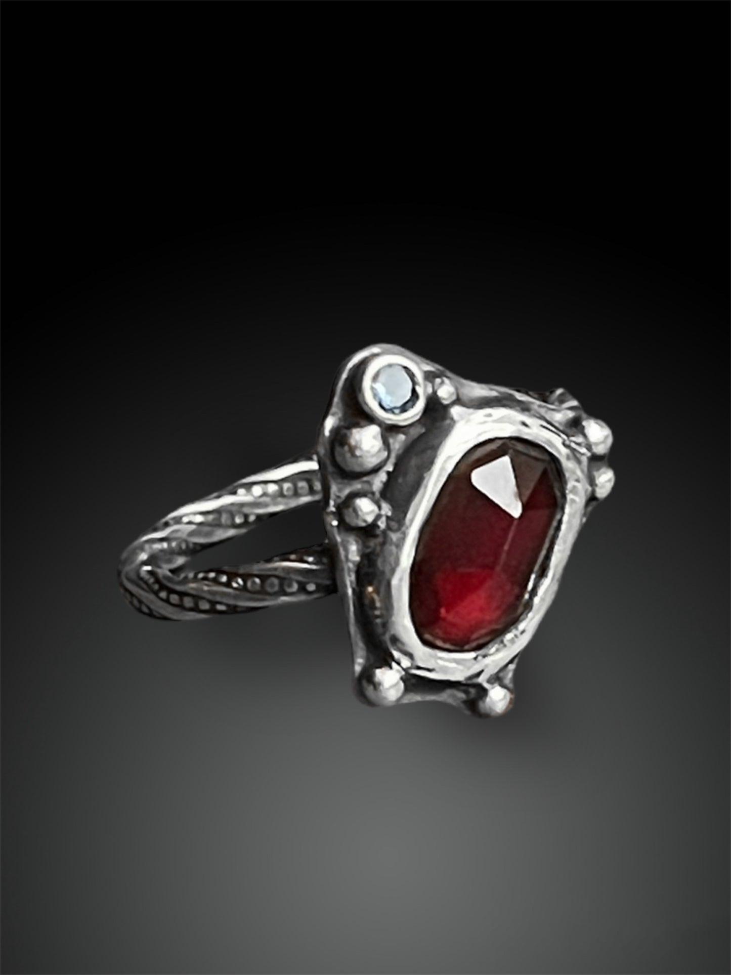 Garnet Ring with Sapphire on Twisted Band, size 6.25, Artisanal Silver Jewelry, Slow-Made Goods, Art Jewelry, Hand Fabricated Handmade Metalwork