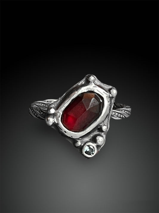 Garnet Ring with Sapphire on Twisted Band, size 6.25, Artisanal Silver Jewelry, Slow-Made Goods, Art Jewelry, Hand Fabricated Handmade Metalwork