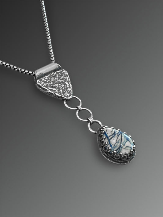 Spiderweb Azurite and Reticulated Silver Y Necklace