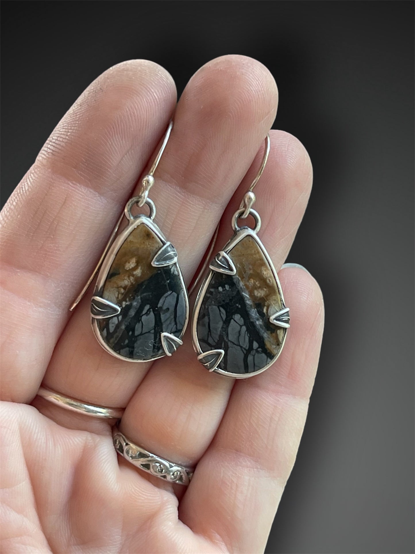 Picasso Jasper Earrings with Stamped Prongs, Artisanal Silver Jewelry, Slow-Made Goods, Art Jewelry, Hand Fabricated Handmade Metalwork